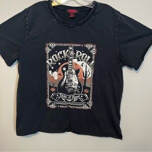 Rock and roll denim graphic T-shirt, extra large black.